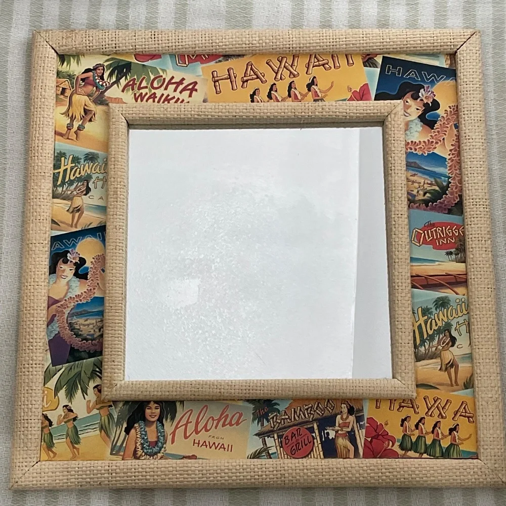 VTG Style Mirror raffia-textured frame Hawaiian Decor Tropical Tiki Bar Boho D